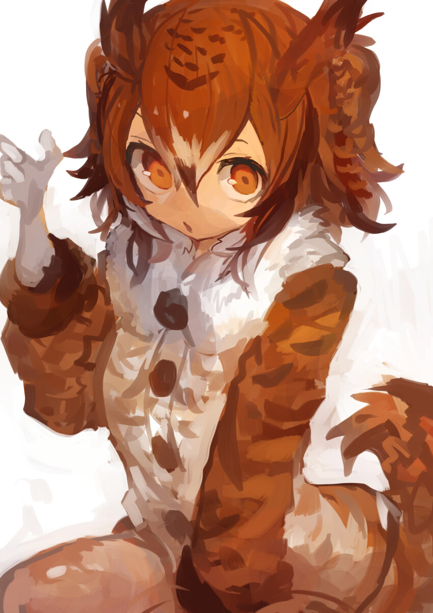 1girl absurdres bird_girl bird_tail black_hair brown_eyes brown_hair buttons commentary_request eurasian_eagle_owl_(kemono_friends) fur_collar gloves hair_between_eyes highres kaamin_(mariarose753) kemono_friends long_sleeves looking_at_viewer multicolored_hair owl_ears owl_girl parted_lips simple_background solo tail white_background white_gloves white_hair