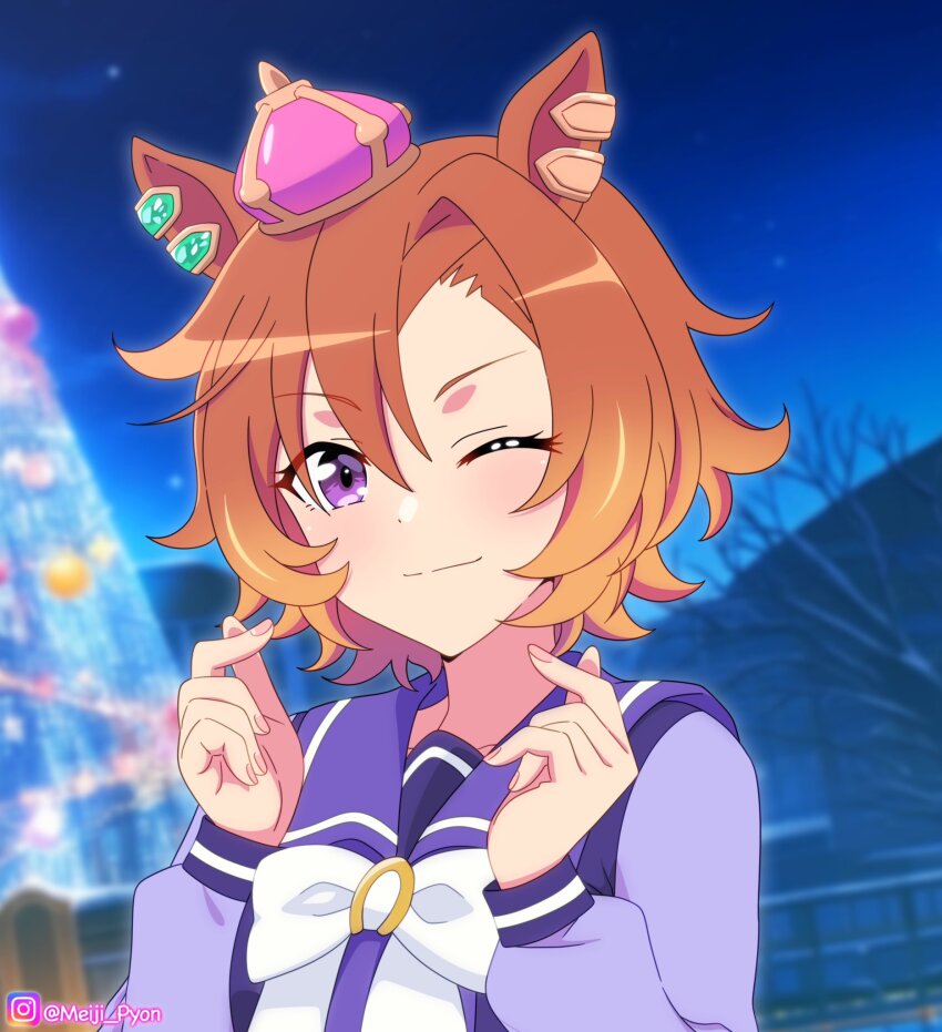 1girl animal_ears blush bow bowtie breasts christmas christmas_tree closed_mouth crown ear_ornament finger_heart hair_between_eyes hat highres horse_ears horse_girl long_sleeves looking_at_viewer meiji_(kurumierika) mini_crown night one_eye_closed orange_hair outdoors pink_crown purple_eyes purple_sailor_collar purple_serafuku purple_shirt sailor_collar sailor_shirt school_uniform serafuku shirt short_hair sky smile solo t.m._opera_o_(umamusume) tracen_school_uniform umamusume upper_body white_bow white_bowtie
