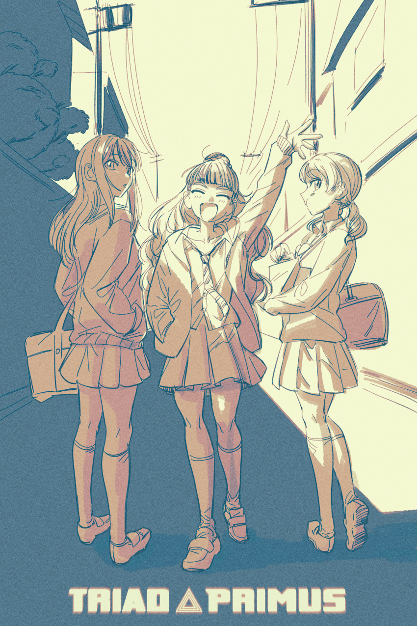 3girls ^_^ ^o^ absurdres bag closed_eyes closed_eyes full_body group_name hand_in_pocket highres hobgoblin-kim hojo_karen idolmaster idolmaster_cinderella_girls kamiya_nao kneehighs long_hair looking_at_viewer looking_back looking_to_the_side loose_necktie monochrome multiple_girls necktie open_collar outdoors outstretched_arm pleated_skirt school_bag school_uniform shibuya_rin skirt socks triad_primus_(idolmaster)