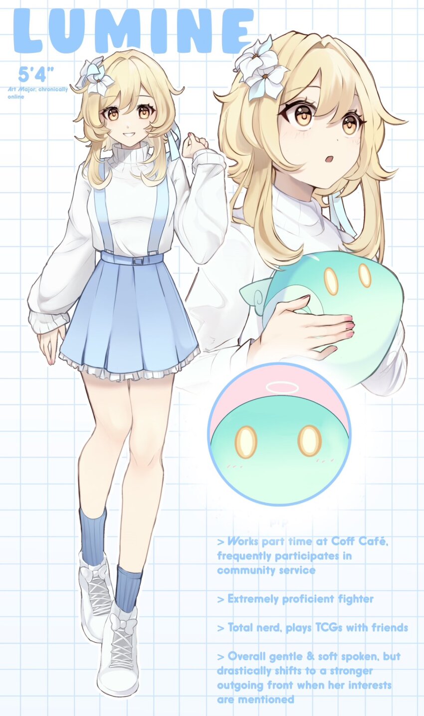 1girl anemo_slime_(genshin_impact) blonde_hair blue_skirt blue_socks breasts bunni_stardust character_name english_text flower genshin_impact hair_between_eyes hair_flower hair_ornament highres long_hair long_sleeves lumine_(genshin_impact) multiple_views open_mouth shoes short_hair_with_long_locks skirt slime_(genshin_impact) smile sneakers socks sweater white_shoes white_sweater yellow_eyes