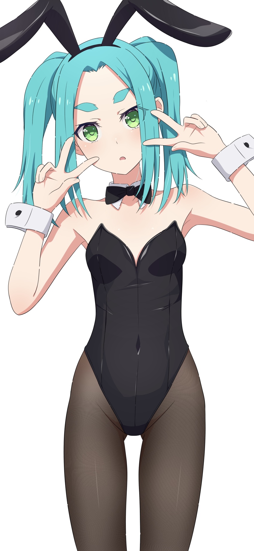 1girl absurdres animal_ears aqua_hair black_bow black_bowtie black_leotard black_pantyhose bow bowtie commentary_request covered_navel detached_collar double_w fake_animal_ears green_eyes highleg highleg_leotard highres leotard looking_at_viewer medium_hair monogatari_(series) na-suke ononoki_yotsugi open_mouth pantyhose playboy_bunny rabbit_ears simple_background solo strapless strapless_leotard twintails w white_background wrist_cuffs