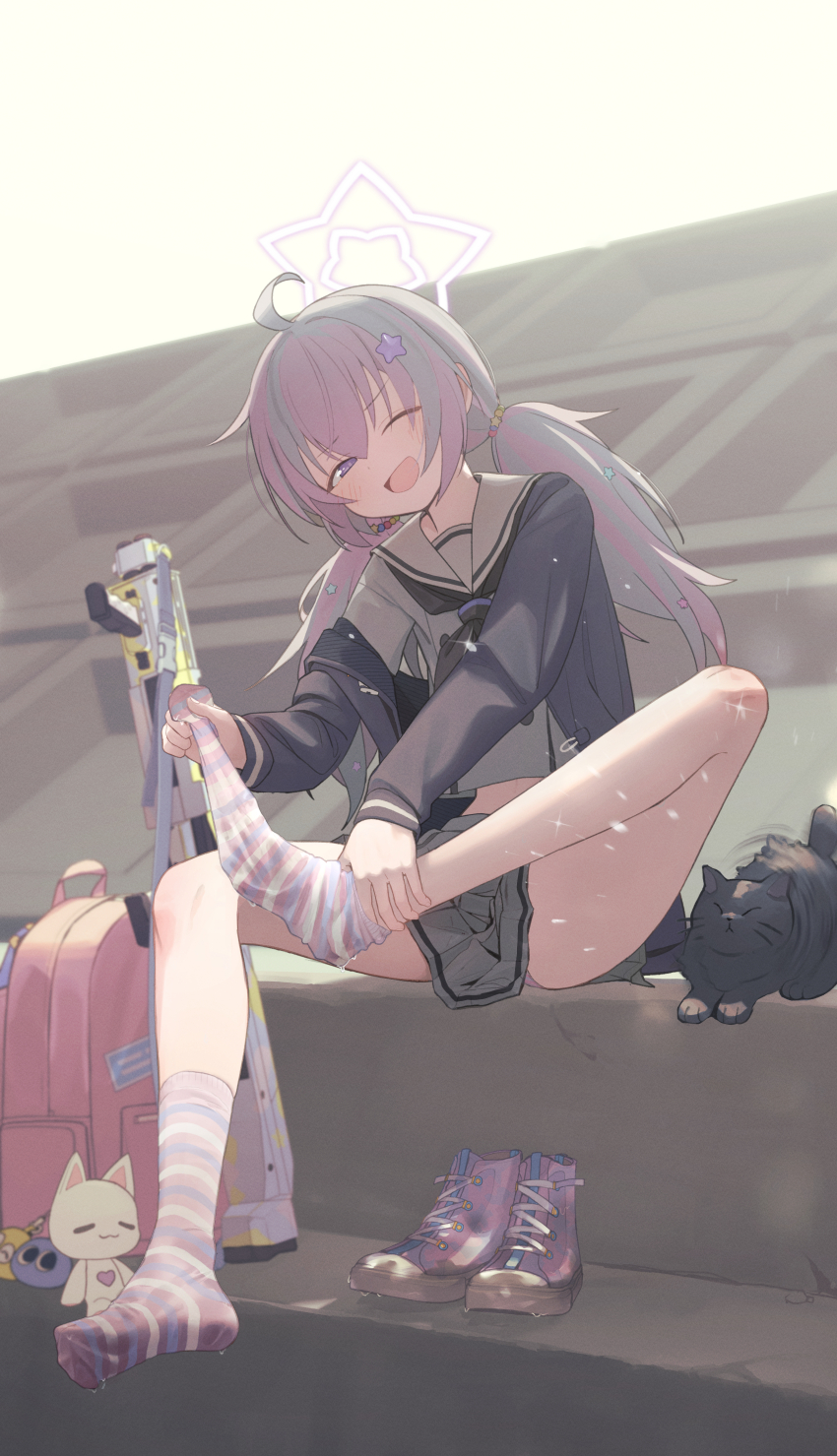 1girl absurdres backpack bag blue_archive blush cat feet highres kabanoki long_hair looking_at_viewer low_twintails one_eye_closed open_mouth purple_eyes reisa_(blue_archive) shoes socks soles twintails unworn_shoes