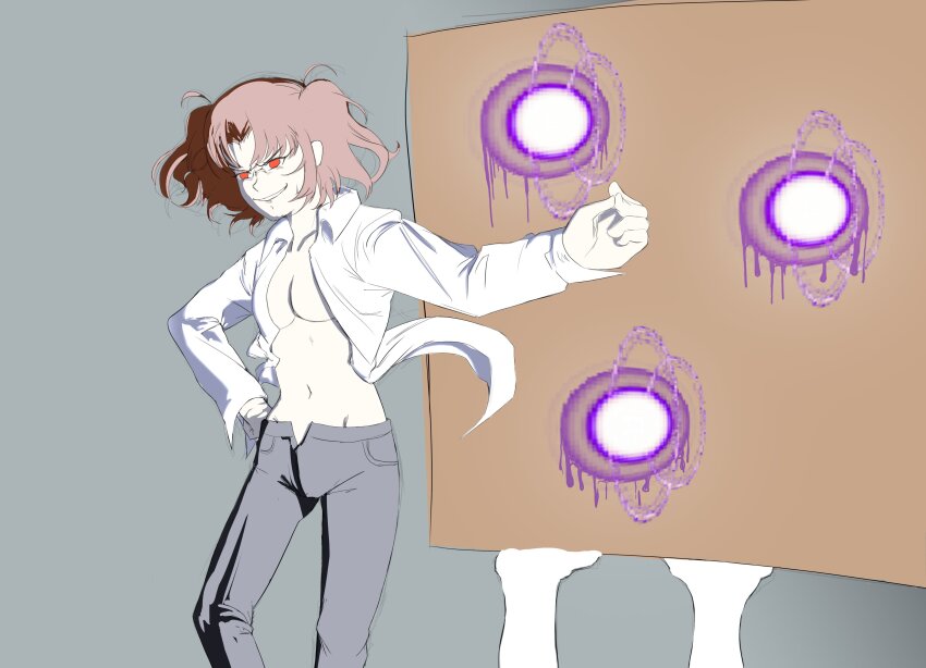 1girl absurdres black_pants breasts brown_hair collared_shirt cosplay evil_grin evil_smile floating_clothes floating_hair grin hand_on_own_hip highres large_breasts melty_blood michael_roa_valdamjong michael_roa_valdamjong_(cosplay) no_bra open_clothes open_fly open_shirt pants red_eyes satsukidaily shirt sleeve_cuffs smile tsukihime twintails vampire white_shirt yumizuka_satsuki