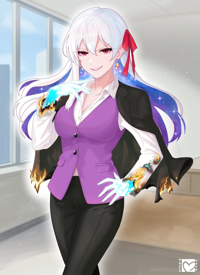 1girl absurdres alternate_costume artist_name black_jacket black_pants breasts burning_clothes comiket_101 earrings evil_grin evil_smile fate/grand_order fate_(series) fire grin hair_between_eyes hair_ribbon hand_on_own_hip hashtag-only_commentary highres indoors jacket jewelry kama_(fate) kama_(third_ascension)_(fate) looking_at_viewer medium_breasts official_alternate_costume pants purple_vest red_eyes red_ribbon ribbon shirt smile solo tetranort vest white_hair white_shirt