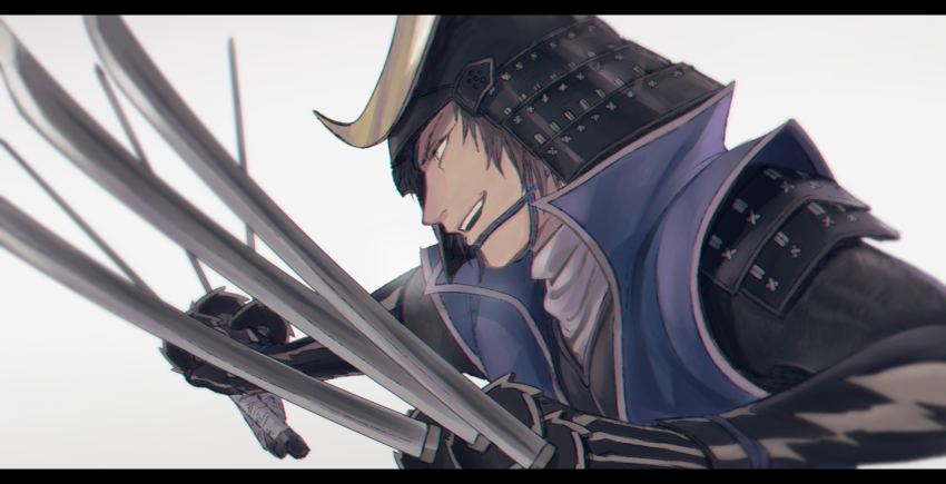 1boy :d armor brown_hair date_masamune_(sengoku_basara) from_side furrowed_brow grey_background helmet highres holding holding_sword holding_weapon japanese_armor kabuto_(helmet) katana letterboxed looking_ahead makaron611 male_focus multiple_wielding open_mouth portrait sengoku_basara short_hair simple_background smile smirk solo sword v-shaped_eyebrows weapon yellow_eyes