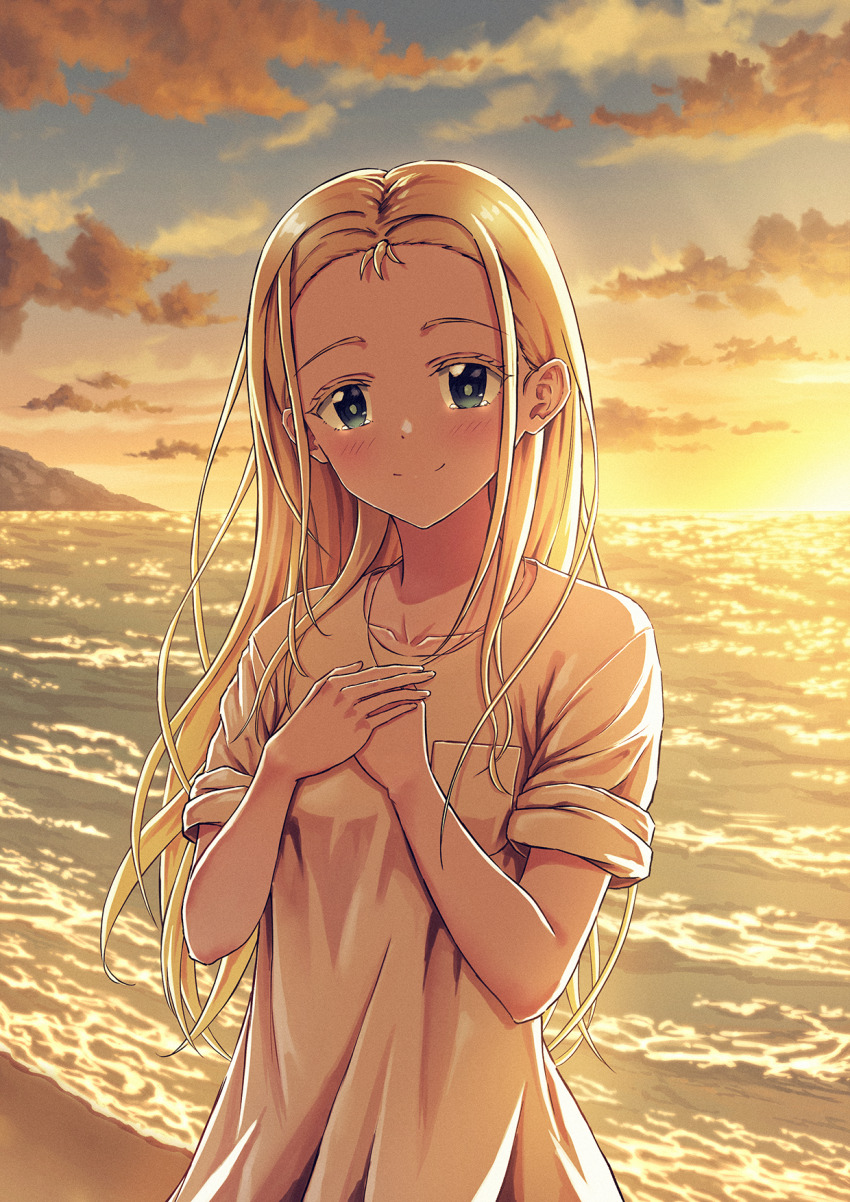 1girl blonde_hair blue_eyes hand_on_own_chest hands_up highres kofune_ushio long_hair looking_at_viewer morebi ocean outdoors own_hands_together pocket shirt sleeves_rolled_up smile solo summertime_render sunset white_shirt