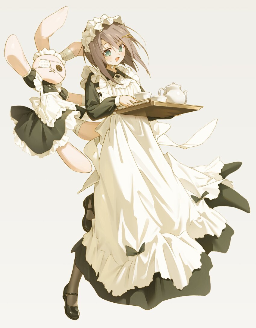 1girl absurdres alternate_costume apron ascot black_dress black_pantyhose brown_hair collared_dress cup dress eyepatch frilled_apron frills full_body green_eyes grey_background hair_ornament hairclip highres holding holding_tray long_dress long_sleeves looking_at_viewer maid maid_apron maid_headdress mamiya_hasaki mary_janes medical_eyepatch mofukoke open_mouth pantyhose parallel_hairclips shoes short_hair simple_background smile solo stuffed_animal stuffed_rabbit stuffed_toy subarashiki_hibi tea_set teacup teapot tray white_ascot