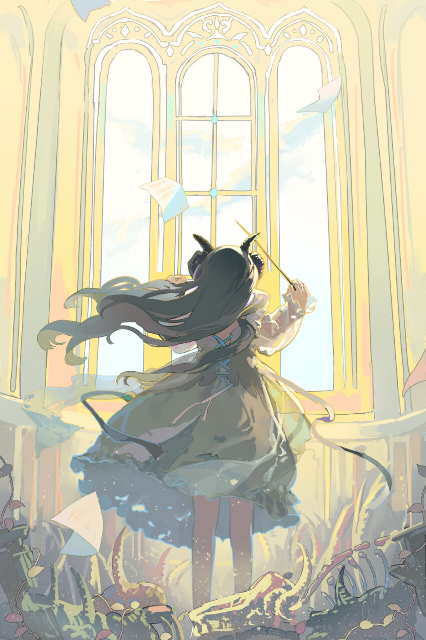 1girl animal_skeleton artist_request black_hair brown_hair character_request cloud cloudy_sky conductor_baton copyright_request cross-laced_clothes cross-laced_dress curled_horns demon_horns dress feet_out_of_frame floating_clothes floating_hair frilled_dress frilled_sleeves frills from_behind green_dress highres holding_baton horns indoors light_particles long_hair long_sleeves medium_dress pinafore_dress sheet_music shirt sky sleeveless sleeveless_dress sleeves_past_wrists solo third-party_source very_long_hair white_shirt wind window