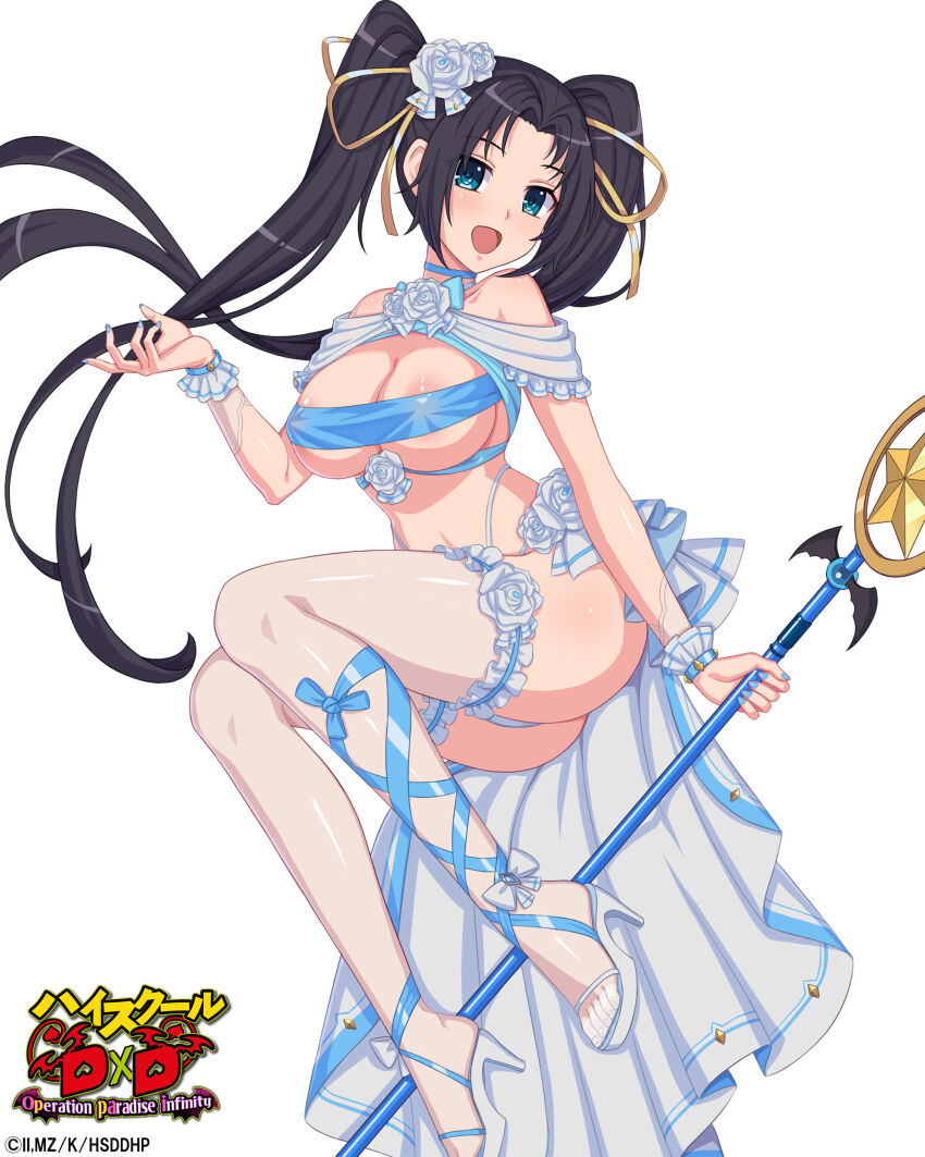 1girl absurdres bare_shoulders black_hair blue_eyes blue_tube_top breasts covered_erect_nipples full_body high_school_dxd high_school_dxd_hero high_school_dxd_operation_paradise_infinity highres holding holding_staff large_breasts long_hair official_art panties revealing_clothes serafall_leviathan simple_background solo staff strapless thighhighs tube_top twintails underwear very_long_hair white_background white_panties white_thighhighs