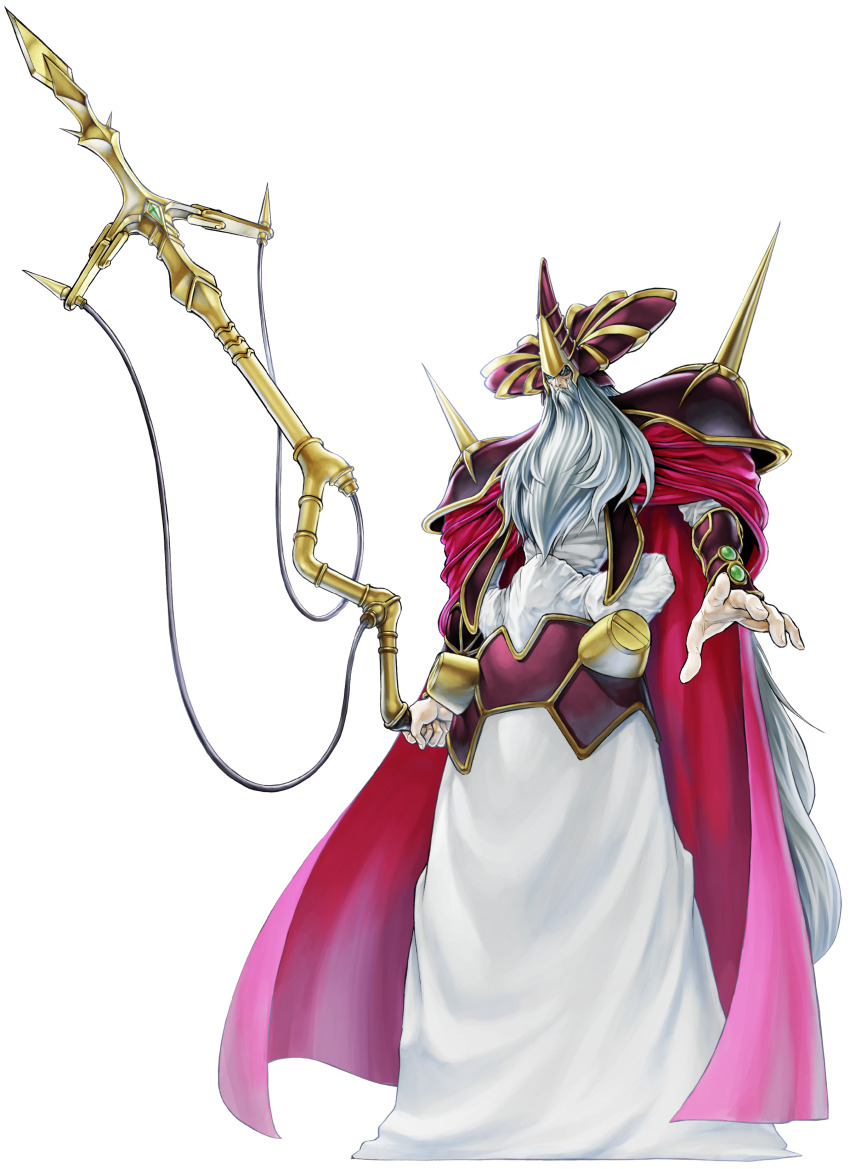 1boy absurdres armor beard cape duel_monster eyepatch facial_hair full_body highres holding holding_lance holding_polearm holding_staff holding_weapon konami lance long_hair looking_at_viewer odin_father_of_the_aesir official_art pectorals polearm red_cape robe serious shoulder_pads solo staff standing transparent_background very_long_hair weapon white_hair yu-gi-oh!