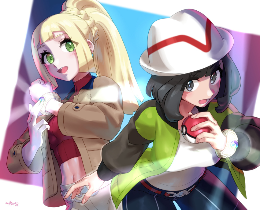 2girls black_hair blonde_hair brown_jacket cosplay green_eyes green_jacket harmony_(pokemon) harmony_(pokemon)_(cosplay) highres holding holding_poke_ball jacket jewelry lillie_(pokemon) long_sleeves looking_at_viewer mega_stone mizuumi_(bb) multiple_girls navel nintendo open_mouth poke_ball pokemon pokemon_(creature) pokemon_legends:_z-a red_shirt ring selene_(pokemon) shirt smile stomach taunie_(pokemon) taunie_(pokemon)_(cosplay) white_shirt
