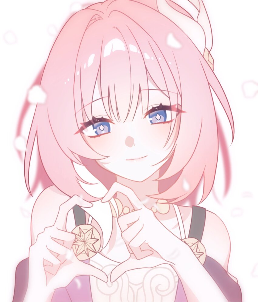 1girl bare_shoulders blue_eyes coat commentary_request cyrene_(honkai:_star_rail) dress four-finger_heart_hands hair_ornament heart heart_hands highres honkai:_star_rail honkai_(series) ih_aed jewelry korean_commentary looking_at_viewer medium_hair multicolored_hair necklace pink_hair purple_coat smile solo two-tone_hair upper_body white_dress white_hair