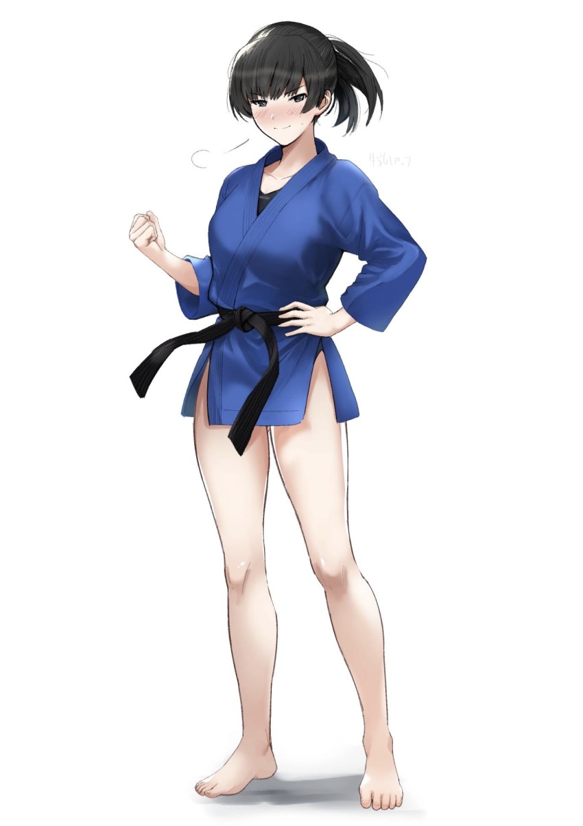1girl amagami artist_name barefoot belt black_belt black_eyes black_hair blue_shirt blush clenched_hand closed_mouth collarbone dougi embarrassed full_body gyuunyuu_pack_(tanaka) hand_on_own_hip hand_up highres looking_at_viewer martial_arts_belt ponytail puff_of_air shirt simple_background smile solo sweat thighs tsukahara_hibiki v-shaped_eyebrows visible_air white_background