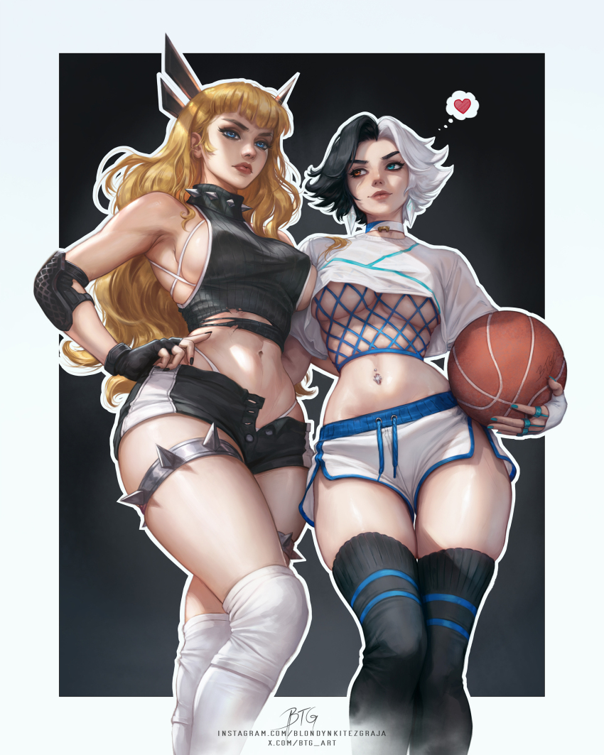 2girls absurdres artist_name ball bare_shoulders basketball_(object) black_gloves black_hair black_shorts black_thighhighs blonde_hair blondynkitezgraja blue_eyes breasts closed_mouth collar commentary elbow_pads english_commentary fingerless_gloves gloves hand_on_own_hip heart heterochromia highres holding holding_ball instagram_username large_breasts long_hair looking_at_another luna_snow magik_(x-men) marvel marvel_rivals midriff multicolored_hair multiple_girls navel new_mutants open_clothes open_shorts orange_eyes panties short_hair short_shorts shorts sideboob sleeveless sleeveless_sweater smile spiked_collar spikes sweater thighhighs torn_clothes torn_sweater turtleneck turtleneck_sweater twitter_username two-tone_hair underboob underwear watermark web_address white_gloves white_hair white_panties white_shorts white_thighhighs x-men yuri