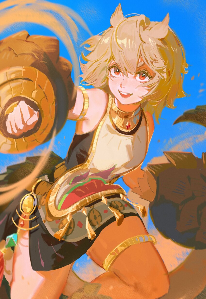 1girl afk_(series) afk_journey alsa_(afk) blonde_hair clothing_request gem gold_armlet gold_thighlet highres looking_at_viewer medium_hair mistcq open_mouth punching red_eyes smile solo teeth upper_teeth_only