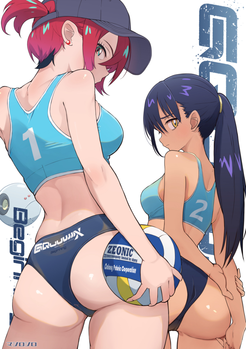 2girls amate_yuzuriha arms_behind_back ass ball bare_arms bare_shoulders baseball_cap beach_volleyball bikini black_hair black_hat blue_bikini breasts closed_mouth commentary_request contrapposto copyright_name cowboy_shot crescent crescent_earrings dark-skinned_female dark_skin earrings from_behind glint green_eyes gundam gundam_gquuuuuux hair_between_eyes haro hat highres holding holding_ball holding_own_arm jewelry large_breasts long_hair looking_at_viewer looking_back mashiroshiro medium_breasts multiple_girls non-humanoid_robot number_print nyaan_(gundam_gquuuuuux) ponytail profile red_hair robot short_ponytail sports_bikini standing swimsuit very_long_hair volleyball volleyball_(object) white_background yellow_eyes