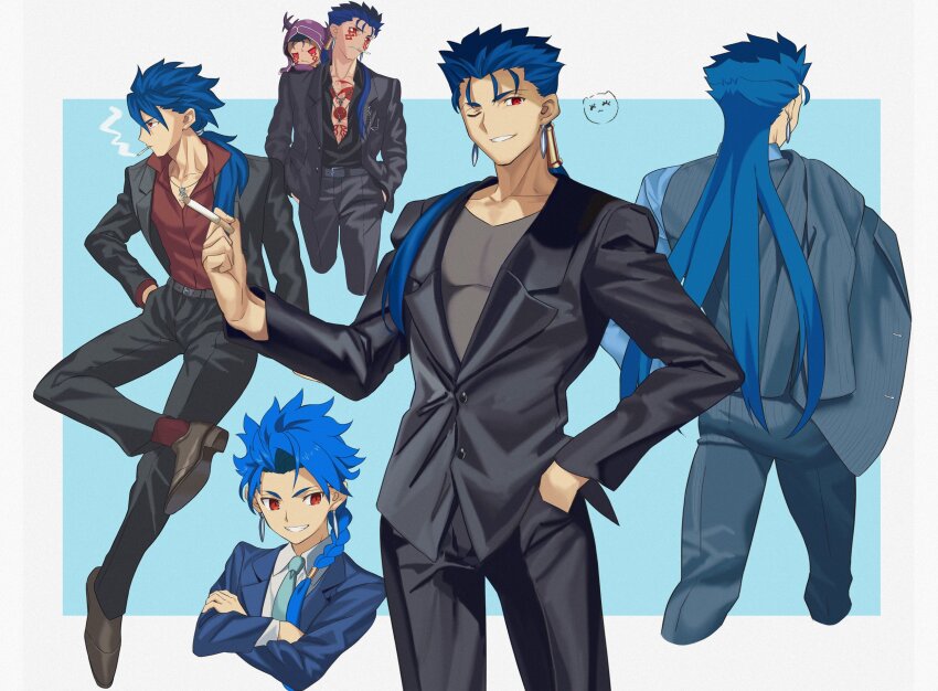 6+boys aora black_jacket black_shirt blue_background blue_hair border braid braided_ponytail character_doll character_request chibi cigarette commentary_request cowboy_shot crossed_arms cu_chulainn_(caster)_(fate) cu_chulainn_(formal_dress)_(fate) cu_chulainn_(fate) cu_chulainn_(fate/prototype) cu_chulainn_(fate/stay_night) cu_chulainn_alter_(fate) earrings facial_mark fate/grand_order fate_(series) from_behind full_body highres holding holding_cigarette jacket jewelry long_hair mini_cu-chan_(fate) multiple_boys multiple_persona one_eye_closed open_clothes open_shirt ponytail red_eyes red_shirt setanta_(fate) shirt smoking upper_body white_border