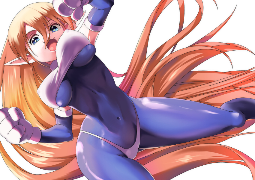 1girl :3 :d blue_bodysuit bodysuit breasts character_request covered_navel highres large_breasts long_hair looking_at_viewer open_mouth pointy_ears simple_background smile solo toku_sonchou very_long_hair white_background