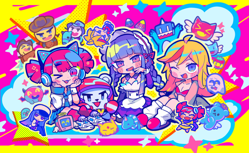 &gt;_&lt; &gt;_o 3girls :3 ^_^ ahoge animal_ear_headphones animal_ears apron asymmetrical_sleeves black_skirt blonde_hair blue_eyes blue_hair blue_necktie blue_sailor_collar blue_skirt blunt_bangs blush_stickers boots bow_(weapon) boxing_gloves boxing_headgear bra braid breasts buro_(muse_dash) buro_(sailor_suit)_(muse_dash) candy candy_corn cat cat_ear_headphones chibi chibi_inset cleavage closed_eyes cloud collarbone covering_own_eyes cowboy_hat detached_collar detached_sleeves doe_eyes dress fake_animal_ears fang food ghost goggles goggles_on_head gummy_bear hair_ornament hairclip halo hands_on_own_cheeks hands_on_own_face hat headphones highres holding holding_bow_(weapon) holding_weapon innertube jacket kneeling long_hair looking_at_viewer loose_socks maid_apron maid_headdress marija_(maid)_(muse_dash) marija_(muse_dash) midriff miniskirt multicolored_hair multiple_girls muse_dash narwhal necktie non-web_source ola_(muse_dash) one_eye_closed open_clothes open_mouth open_shirt pink_bra pink_eyes pink_hair pink_shirt pink_slippers pink_socks ponytail purple_dress purple_eyes purple_nails purple_sleeves rin_(muse_dash) rin_(sleepwalker_girl)_(muse_dash) sailor_collar scarf school_uniform serafuku shirt shoes sidelocks single_wrist_cuff sitting skin_fang skirt slippers smile sneakers socks sparkle streaked_hair swim_ring terada_tera thigh_boots twin_braids underwear uneven_sleeves weapon white_footwear white_hat white_jacket wings wrist_cuffs yellow_shirt yellow_skirt