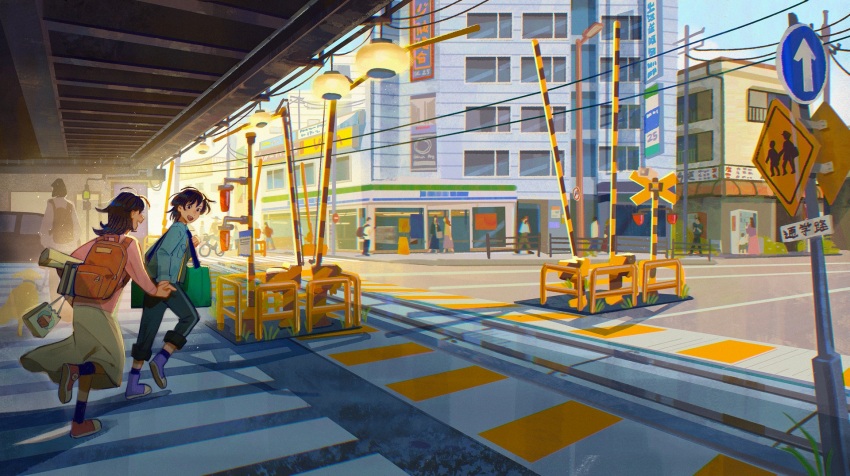 2girls backpack bag black_hair blue_sky brown_hair building car city crosswalk day denim denim_jacket highres jacket jenishiiarts light_particles motor_vehicle multiple_girls original outdoors pants people pink_shirt power_lines railing railroad_crossing railroad_tracks road road_sign scenery shirt shoes short_hair sign sky smile street sunlight underpass urban walking