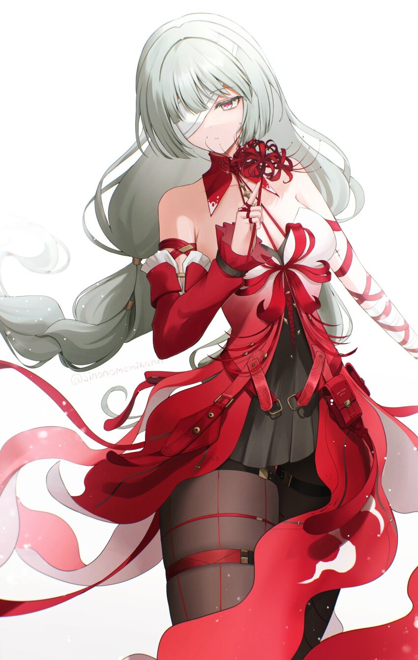 1girl absurdres bandage_over_one_eye bandaged_arm bandages bare_shoulders black_pantyhose black_skirt braid breasts closed_mouth commentary cowboy_shot detached_sleeves dress flower gradient_clothes gradient_dress grey_eyes grey_hair highres holding holding_flower long_hair low_twin_braids medium_breasts pantyhose phrolova_(wuthering_waves) red_dress red_pupils simple_background single_detached_sleeve sinonomemikann skirt solo spider_lily tacet_mark_(wuthering_waves) twin_braids twitter_username very_long_hair white_background wuthering_waves
