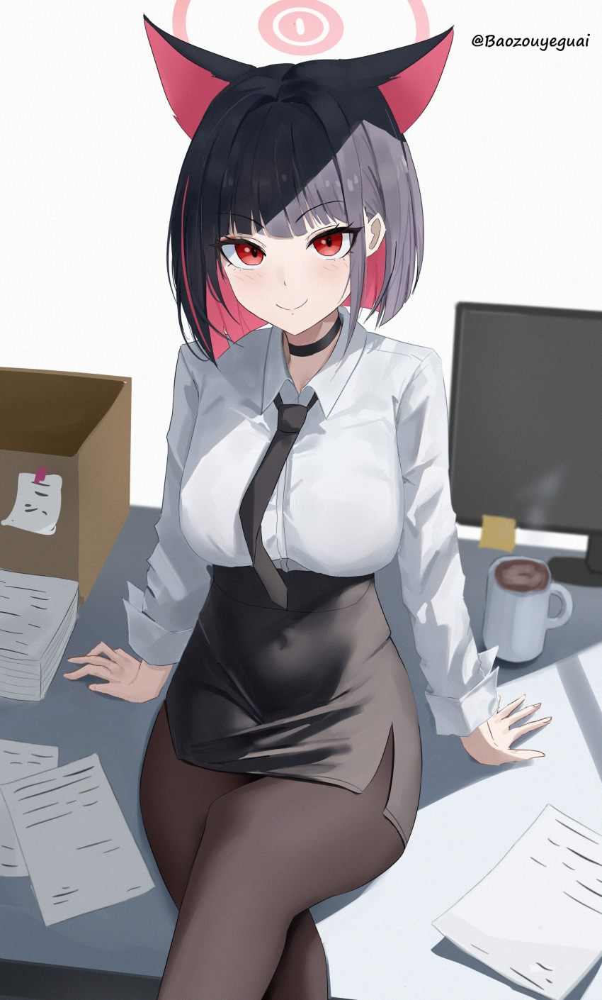 1girl absurdres alternate_costume animal_ears baozouyeguai black_choker black_hair black_necktie black_pantyhose black_skirt blue_archive breasts cat_ears cat_girl choker closed_mouth coffee_mug collared_shirt colored_inner_hair crossed_legs cup dress_shirt extra_ears high-waist_skirt highres kazusa_(blue_archive) large_breasts looking_at_viewer miniskirt monitor mug multicolored_hair necktie office_lady on_table pantyhose paper_stack papers pencil_skirt pink_hair red_eyes shirt short_hair sitting skirt smile solo steam sticky_note table twitter_username white_shirt