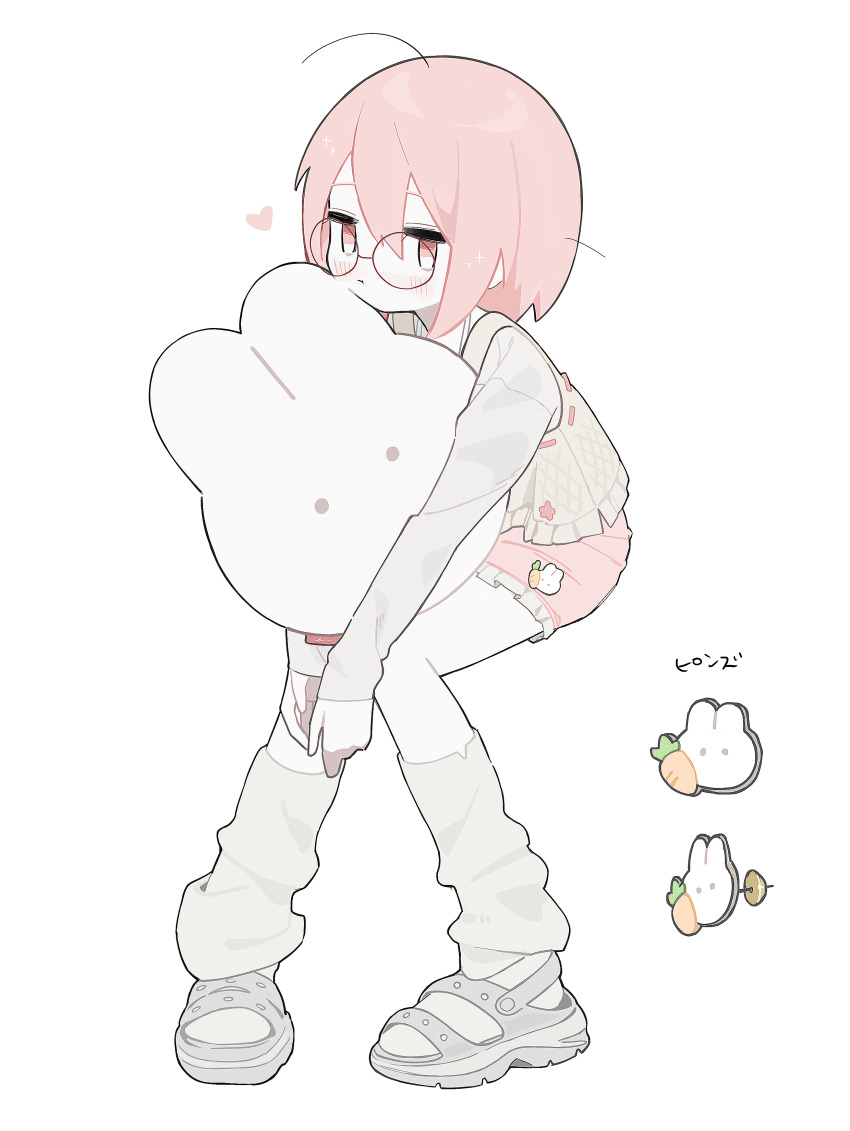 1girl absurdres brown_vest carrot_pin closed_mouth commentary_request frilled_shorts frills full_body glasses grey_footwear grey_leg_warmers grey_shirt heart highres leg_warmers long_sleeves looking_at_viewer myomuron original pastel_colors pink_eyes pink_hair pink_shorts rabbit-shaped_pillow rabbit_pin round_eyewear sandals shirt short_hair shorts simple_background vest white_background