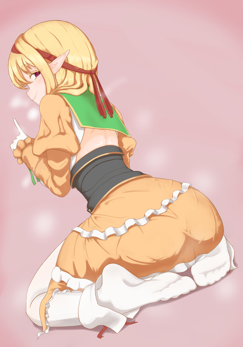 absurdres anonymous_elf blonde_hair elf from_behind highres jing_ling_bian_qian_bei_fen_ku no_shoes pantyhose pink_eyes pointy_ears pussy_juice sitting socks soles wariza white_pantyhose white_socks