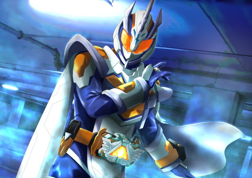 1girl absurdres alchemisdriver armor bodysuit compound_eyes contrapposto rider_belt glowing glowing_eyes highres jewelry kamen_rider kamen_rider_gotchard_(series) kamen_rider_majade long_hair miyabi_(037) open_hands orange_eyes orange_hair outstretched_arms rider_belt ring spread_arms standing sun sununicorn tokusatsu unicorn white_armor