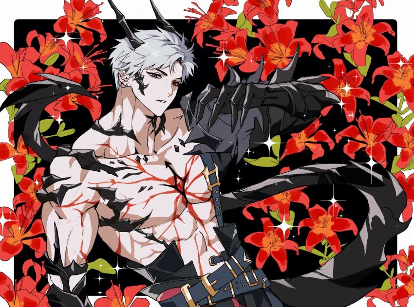 1boy abs belt belt_buckle black_claws black_horns blue_belt border buckle collarbone commentary commission dragon_boy dragon_claw dragon_horns dragon_tail ear_chain ear_piercing flower gem grey_hair hand_up highres horns linked_piercing looking_at_viewer love_and_deepspace male_focus muscular muscular_male nocnoc outside_border parted_bangs parted_lips pectorals piercing red_eyes red_flower red_gemstone short_hair solo sylus_(love_and_deepspace) tail topless_male white_border