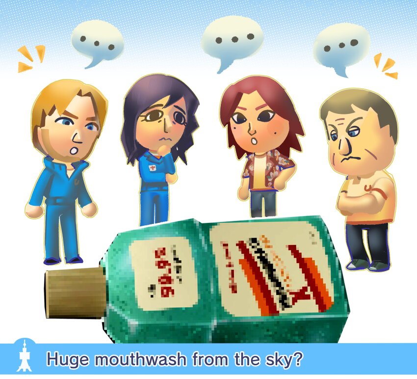 ... 1girl 3boys :&lt; :o absurdres anya_(mouthwashing) bags_under_eyes beard_stubble black_eyes black_hair blonde_hair blue_eyes blue_jumpsuit collared_shirt crossed_arms curly_(mouthwashing) curly_(pre-crash)_(mouthwashing) daisuke_(mouthwashing) english_text facial_hair frown gameplay_mechanics gradient_hair hawaiian_shirt helvediqa highres jumpsuit looking_down mii_(nintendo) mole mole_under_eye mouthwash mouthwashing multicolored_hair multiple_boys multiple_moles nintendo pixelated red_hair shirt speech_bubble spoken_ellipsis stubble swansea_(mouthwashing) thinking tomodachi_life