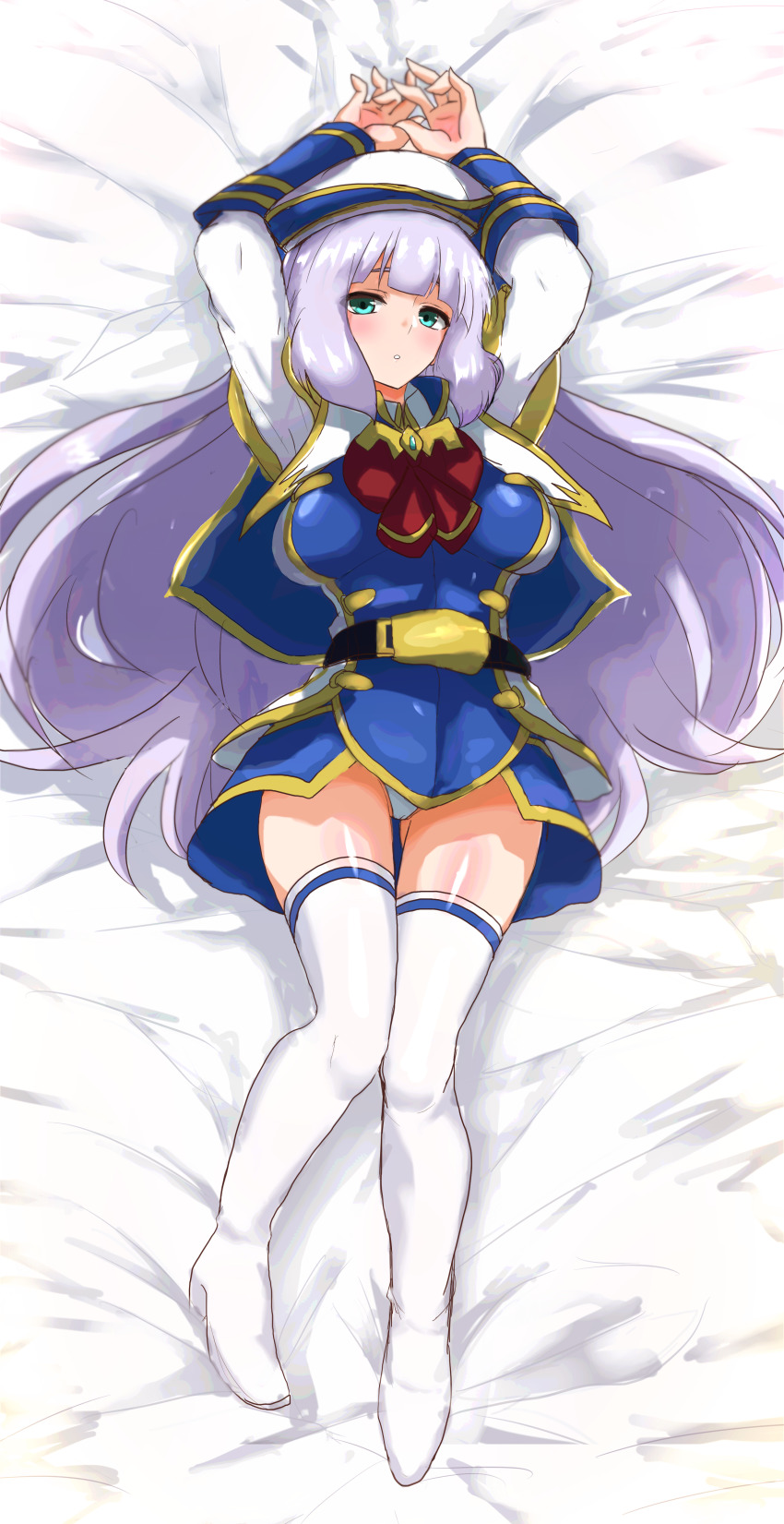 1girl absurdres blue_dress blush boots bow breasts capelet dress eyebrows_hidden_by_hair grey_hair gundam gundam_exa head_tilt highres jeminiremu large_breasts long_hair lying on_back open_hands panties red_bow solo sthesia_awar thigh_boots thighhighs underwear very_long_hair white_boots white_capelet white_panties