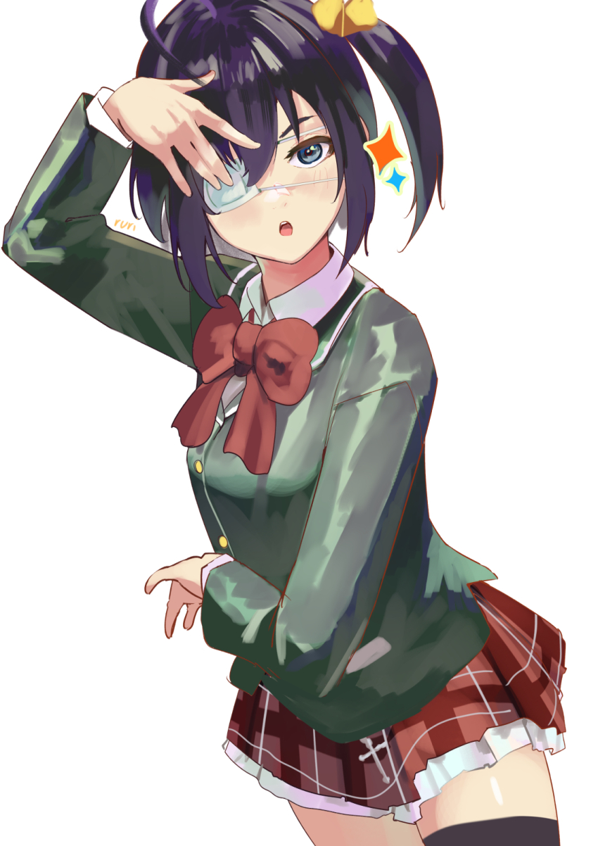 1girl black_hair blush bow bowtie brown_jacket chuunibyou_demo_koi_ga_shitai! collared_shirt cowboy_shot eyepatch hair_ribbon highres icho_private_high_school_uniform jacket long_sleeves medical_eyepatch one_side_up plaid_clothes plaid_skirt pleated_skirt red_bow red_bowtie red_skirt ribbon rurikon school_uniform shiny_skin shirt short_hair simple_background skirt sparkle takanashi_rikka white_background white_shirt yellow_ribbon