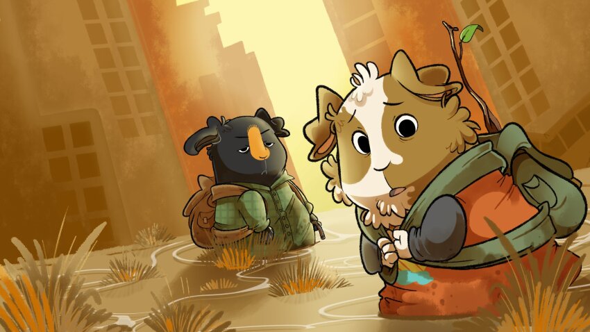 1boy 1girl arhn_eu artist_request backpack bag brown_bag closed_mouth coat commentary_request copyright_request cosplay dida ellie_(the_last_of_us) ellie_(the_last_of_us)_(cosplay) full_body green_bag green_coat grunio guinea_pig highres joel_(the_last_of_us) joel_(the_last_of_us)_(cosplay) leaf looking_at_viewer open_mouth parody personification polish_commentary post-apocalypse red_coat ruins standing stick the_last_of_us the_last_of_us_(series)