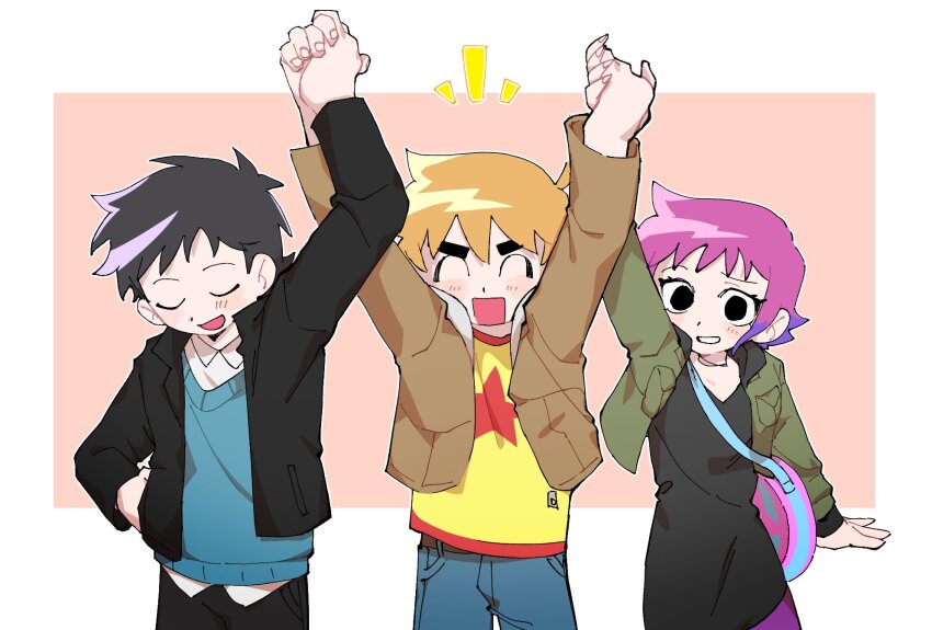 1girl 2boys akt_xp arm_up bag black_eyes black_hair blonde_hair closed_eyes collared_shirt denim dress grin hand_on_own_hip highres holding_hands jacket jeans long_sleeves multicolored_hair multiple_boys open_mouth pants pantyhose purple_hair ramona_flowers scott_pilgrim scott_pilgrim_(series) scott_pilgrim_takes_off shirt short_hair smile sweater wallace_wells