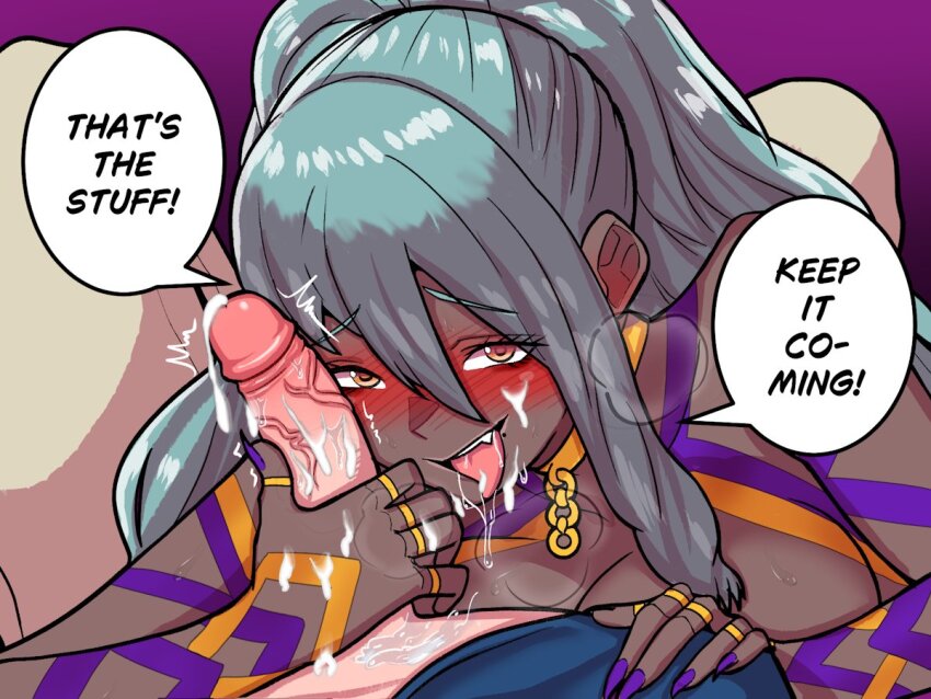 1boy 1girl breasts cleavage dark-skinned_female dark_skin english_text fire_emblem fire_emblem_heroes green_hair hetero kiran_(fire_emblem) kiran_(male)_(fire_emblem) large_breasts looking_at_viewer mnejing30 nail_polish nidhoggr_(fire_emblem) nintendo pov purple_nails solo_focus speech_bubble very_long_fingernails yellow_eyes