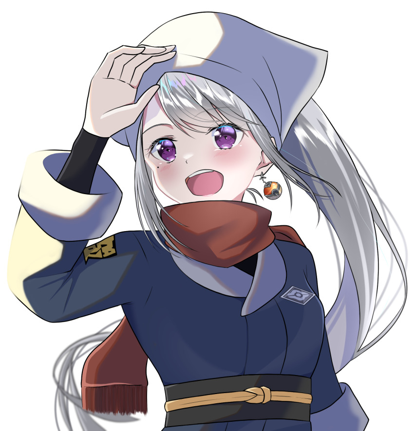 1girl akari_(pokemon) akari_(pokemon)_(cosplay) bandana blue_robe blush breasts cosplay earrings headscarf highres higuchi_kaede jewelry medium_breasts mole mole_under_eye nijisanji nintendo obi open_hand poke_ball_earrings pokemon pokemon_legends:_arceus ponytail purple_eyes red_scarf robe ropuggo sash scarf silver_hair single_earring smile solo upper_body virtual_youtuber white_background white_bandana white_headscarf
