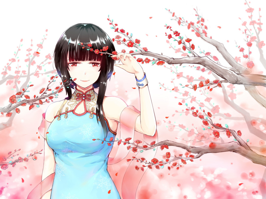 1girl alternate_costume bare_shoulders black_hair blunt_bangs china_dress chinese_clothes dress female_focus flower highres looking_at_viewer nail_polish red_eyes red_flower red_nails short_hair sidelocks smile solo tree upper_body warship_girls_r xiao_shei.. yat_sen_(warship_girls_r)