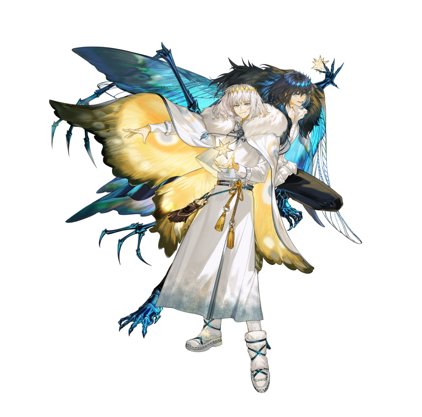2boys arlizi arthropod_limbs belt belt_pouch black_cape black_hair black_pants blue_eyes boots cape closed_mouth crown dragonfly_wings dual_persona fate/grand_order fate_(series) full_body fur-trimmed_cape fur-trimmed_footwear fur_trim hair_between_eyes highres jacket long_sleeves looking_at_viewer lower_teeth_only male_focus multiple_boys oberon_(fate) oberon_(second_ascension)_(fate) oberon_(third_ascension)_(fate) open_mouth outstretched_arm pants pouch robe shirt short_hair simple_background smile spoilers standing star_(symbol) tassel teeth two-sided_cape two-sided_fabric white_background white_cape white_footwear white_hair white_jacket white_robe white_shirt