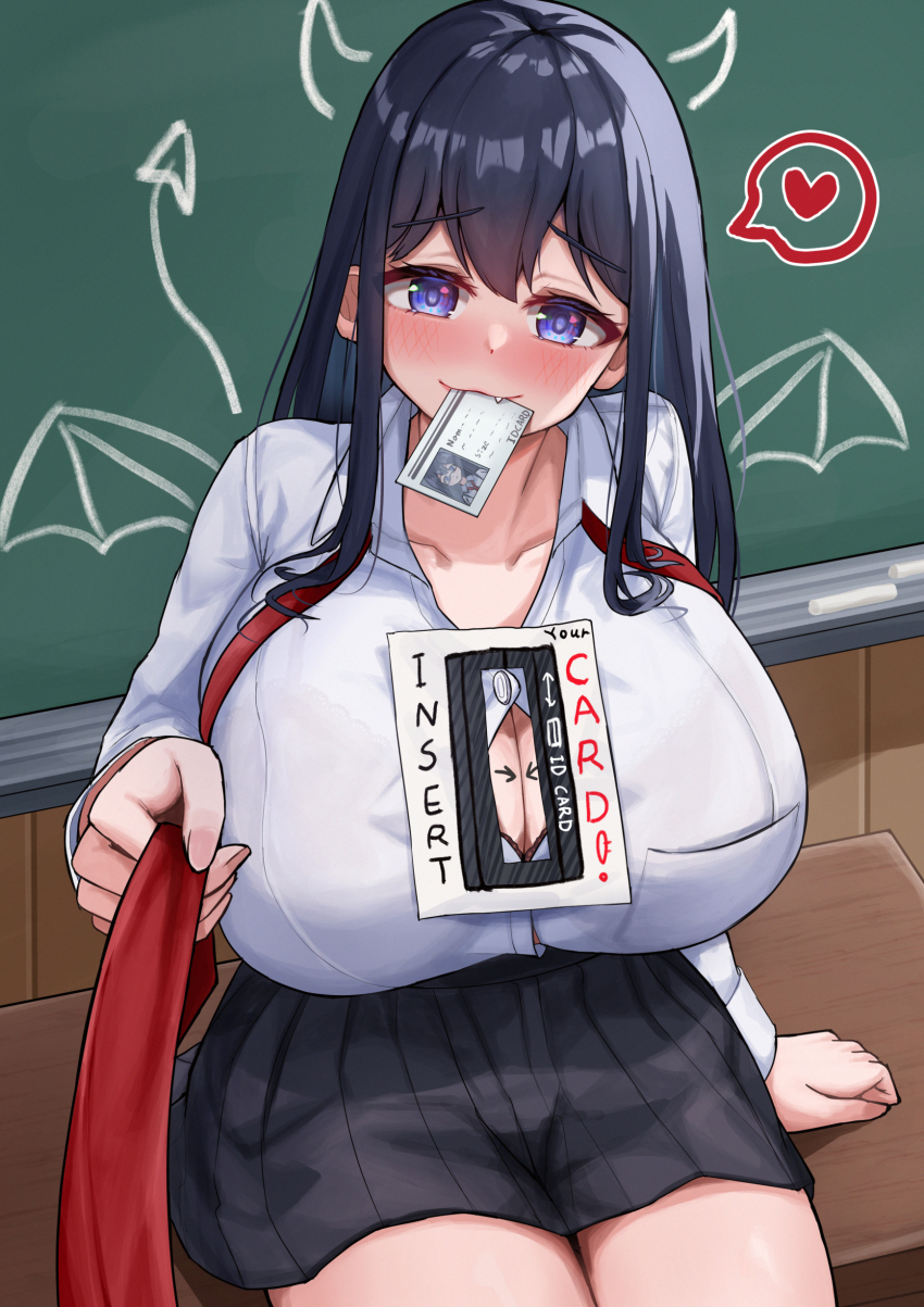 1girl absurdres arrow_(symbol) black_hair blue_eyes blush body_writing breasts button button_gap chalkboard cleavage english_text fang glasses heart highres huge_breasts id_card irorong long_hair necktie paizuri_invitation pocket pulling_at_clothes shirt shirt_pocket skirt spoken_heart tooth