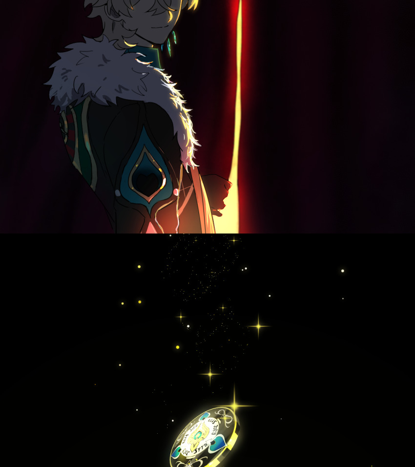 1boy aventurine_(honkai:_star_rail) black_background black_gloves black_jacket blonde_hair curtains earrings fur-trimmed_jacket fur_trim gloves gold_trim highres honkai:_star_rail honkai_(series) jacket jewelry looking_back male_focus out_of_frame pirohi_(pirohi214) poker_chip short_hair simple_background single_earring smile solo sparkle upper_body yellow_background