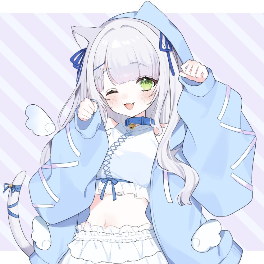 1girl ;3 animal_collar animal_ears arm_up bell blue_hoodie blunt_bangs blush breasts cat_ears cat_girl cat_tail collar commission crop_top diagonal-striped_background fang green_eyes grey_hair grey_tail hair_ribbon halterneck hand_up happy highres hood hood_up hoodie indie_virtual_youtuber jingle_bell letterboxed long_sleeves maten_matyu meno_draw midriff mini_wings navel neck_bell no_halo one_eye_closed open_clothes open_hoodie open_mouth outside_border pale_skin paw_pose purple_background raised_eyebrows ribbon second-party_source shirt shorts sleeves_past_wrists small_breasts smile solo striped_background tail tail_bell tail_ornament tail_ribbon upper_body wavy_hair white_shirt white_shorts wings
