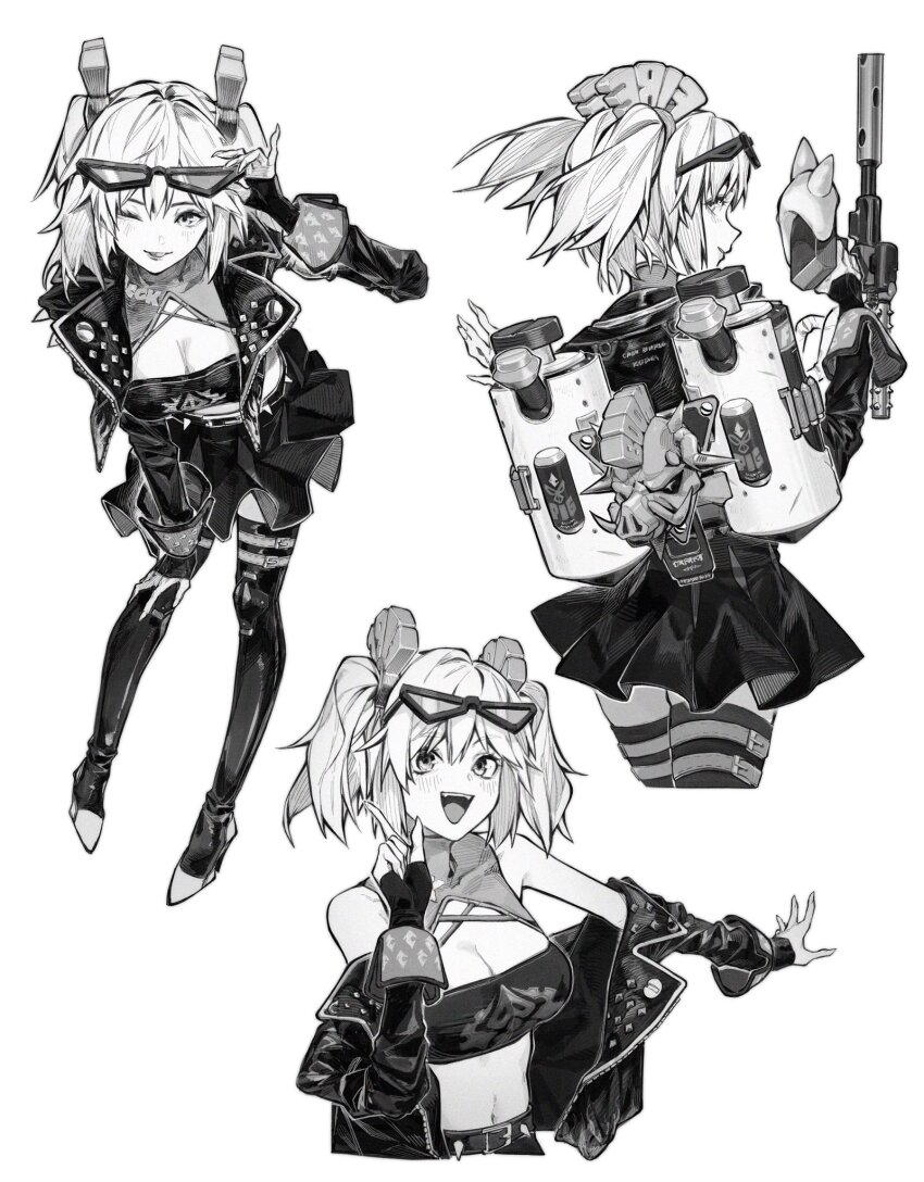 1girl blush boots breasts burnice_white cleavage closed_mouth cowboy_shot fingerless_gloves full_body gloves greyscale hair_between_eyes highres hoshino_ruby_dance jacket large_breasts long_hair looking_at_viewer monochrome multiple_views one_eye_closed open_mouth parted_lips sidelocks simple_background skirt smile teeth upper_body upper_teeth_only white_background zenless_zone_zero zero808w