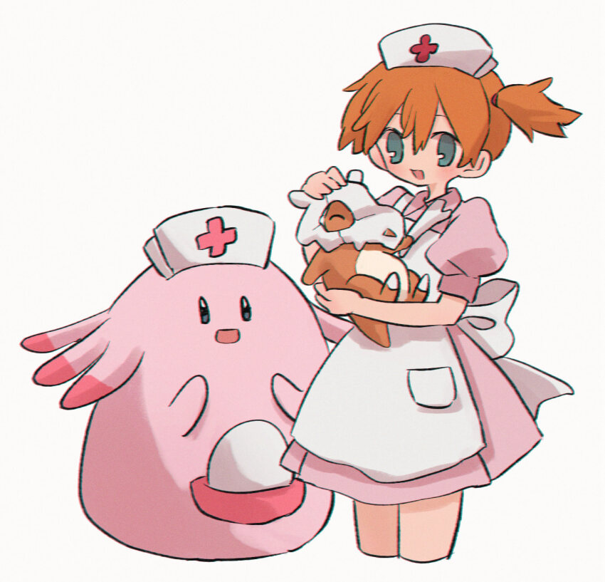 1girl :d apron asymmetrical_hair blue_eyes blush chansey creature cropped_legs cubone dress gen_1_pokemon green_eyes hair_between_eyes hat highres holding holding_creature holding_pokemon misty_(pokemon) nintendo nurse nurse_cap open_mouth orange_hair pink_dress pokemon pokemon_(anime) pokemon_(classic_anime) pokemon_(creature) pokemon_rgby ponytail puffy_short_sleeves puffy_sleeves ri_(qrcode) short_hair short_sleeves side_ponytail smile solo standing white_apron