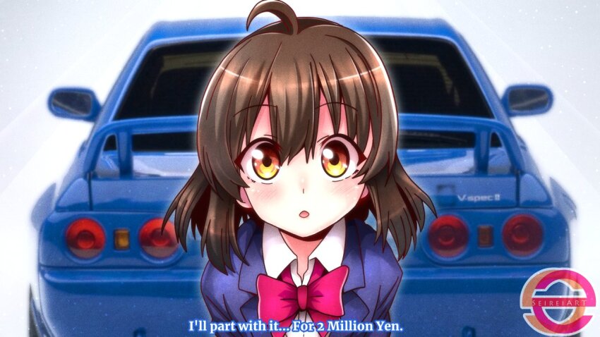 1girl ahoge blue_car blue_jacket blush bow bowtie brown_hair car collared_shirt commentary english_commentary english_text gt-girl jacket looking_at_viewer motor_vehicle nissan nissan_skyline nissan_skyline_gt-r nissan_skyline_r32 parted_lips pink_bow pink_bowtie sato_hinata school_uniform seireiart shirt short_hair simple_background solo spoiler_(automobile) sports_car upper_body watermark white_background white_shirt yellow_eyes