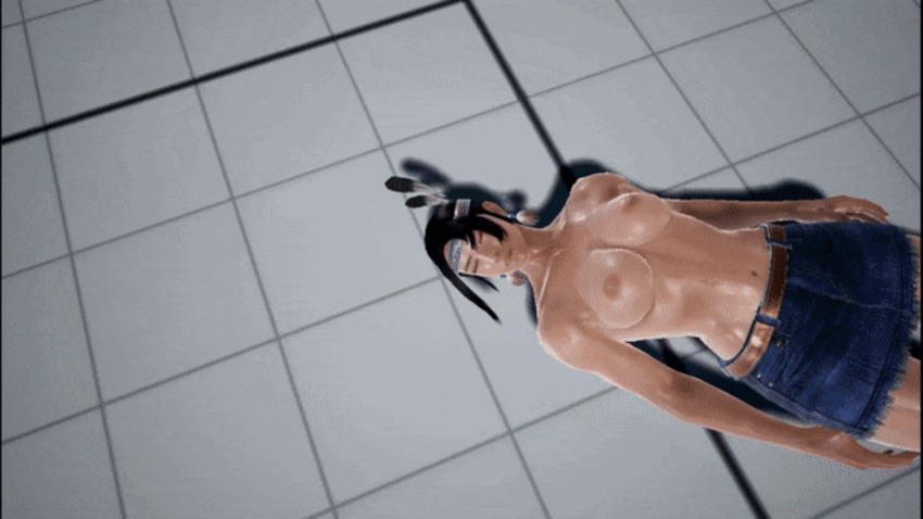 1girl 3d animated animated_gif breasts denim denim_skirt julia_chang large_breasts nipples on_floor skirt solo tekken topless_female