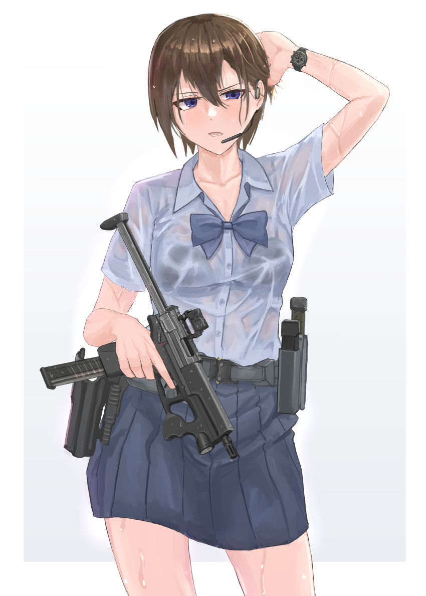 absurdres annoyed badass blue_bow blue_eyes blue_shirt blue_skirt bow bowtie brown_hair d-sawa613 gun handgun highres holding holding_gun holding_weapon karcer shirt skirt watch weapon wet wet_clothes wet_hair wet_shirt white_background wristwatch