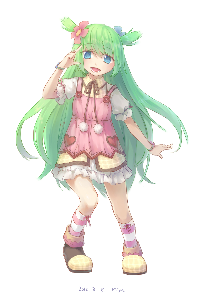 1girl absurdres artist_name blue_eyes boots brown_boots dated dress emil_chronicle_online flower frills green_hair hair_flower hair_ornament highres long_hair miya8111 open_mouth pink_dress shabotan_alma socks standing striped_clothes striped_socks two_side_up very_long_hair white_background
