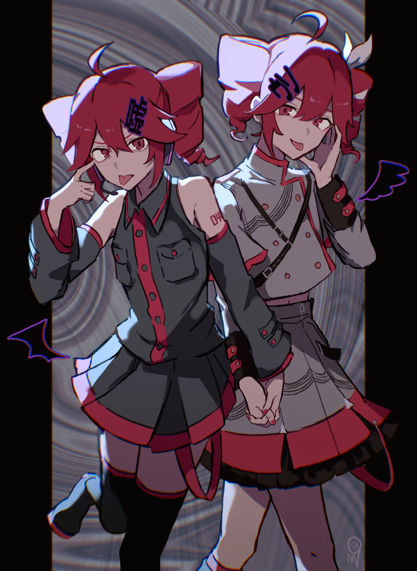 2girls absurdres ahoge arm_tattoo bare_shoulders bat_wings black_footwear black_sleeves black_trim blowing_raspberry breast_pocket buttons detached_wings drill_hair grey_background grey_jacket grey_skirt hair_ornament hairclip hand_on_own_face hand_up highres holding_hands jacket kasane_teto kasane_teto_(sv) kasane_teto_(utau) looking_at_viewer mikuni144 multiple_girls musical_staff musical_staff_print number_tattoo pocket red_hair red_nails red_ribbon ribbon shoulder_belt shoulder_strap signature skirt sleeve_cuffs synthesizer_v tattoo thighhighs thighs tongue tongue_out twin_drills upper_body utau wings
