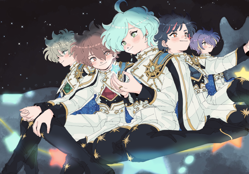 5boys absurdres ahoge aqua_hair asymmetrical_bangs black_hair blush brown_hair chokki_01 closed_mouth ensemble_stars! feet_out_of_frame green_eyes hair_between_eyes hair_over_one_eye hand_on_own_knee highres holding holding_star jewelry looking_at_object morisawa_chiaki multicolored_hair multiple_boys nagumo_tetora night night_sky outstretched_arm own_hands_together purple_hair red_eyes ring sengoku_shinobu shinkai_kanata short_hair sky smile star_(sky) star_(symbol) streaked_hair takamine_midori yellow_eyes